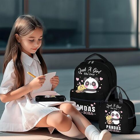 حقيبة ظهر CUNEXTTIME Panda مع صندوق غداء، مجموعة من 3 حقائب ظهر مدرسية متطابقة للفتيات والأولاد، حقيبة كتب سوداء لطيفة وحزمة مقلمة in Kuwait