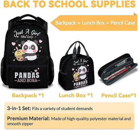 حقيبة ظهر CUNEXTTIME Panda مع صندوق غداء، مجموعة من 3 حقائب ظهر مدرسية متطابقة للفتيات والأولاد، حقيبة كتب سوداء لطيفة وحزمة مقلمة in Kuwait