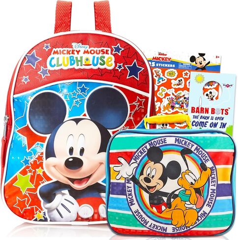 Fast Forward Mickey Mouse Mini Backpack with Lunch Box Set - 4 Pc Bundle with 11" Mickey Backpack, Mickey Mouse Lunch Bag, Stickers, More | Mickey Mouse Backpack for Toddler in Saudi Arabia