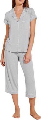 طقم بيجامة حريمي من Aossfre بياقة على شكل حرف V وأكمام قصيرة وقميص مع بنطال كابري Pjs in Kuwait