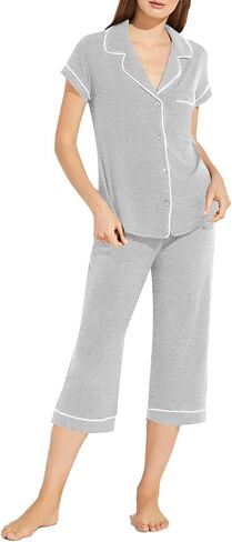 طقم بيجامة حريمي من Aossfre بياقة على شكل حرف V وأكمام قصيرة وقميص مع بنطال كابري Pjs in Kuwait