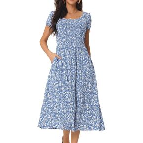 Seta T Women's Casual Floral Dress with Pockets Crewneck Short Sleeve Boho Flowy Midi Sun Dresses