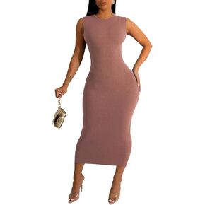 Women's Sexy Casual Bodycon Ribbed Tank Dress Scoop Neck Sleeveless Club Dresses