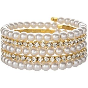 Fuqimanman2020 Imitation Pearl Rhinestone Wrap Bangle Bracelet Multi Row Pearl Bracelet Stretch Rhinestone Bracelet Wedding Jewelry Accessories for Women
