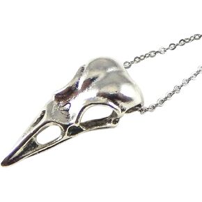 JJG Vintage Antiqued Silver Crow Raven Skull Necklace with Stainless Steel Chain 18'