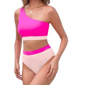 ملابس سباحة نسائية XUNYU بكتف واحد مكونة من قطعتين بكيني عالي الخصر وبلوك ملون بدلة استحمام تانكيني للمراهقين in Kuwait