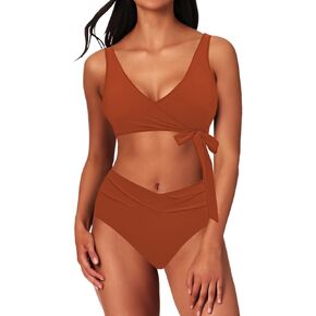 طقم بيكيني نسائي عالي الخصر من Sovoyontee مكون من قطعتين بلون موحد وربطة عنق عالية القطع لباس استحمام صفيق in Kuwait