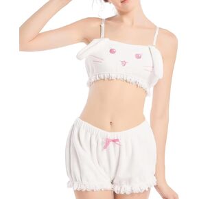 Landofgenie Womens Pajama Sets Shorts And Tank Top Loungewear Fuzzy Pajamas White Bunny Costume
