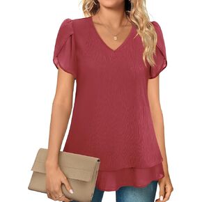 Furnex Women's Petal Short Sleeve V Neck Blouses Double Layers Chiffon Tunic Tops