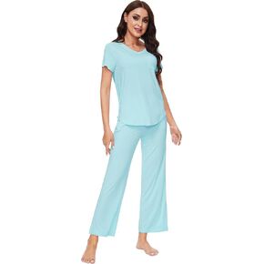 WiWi Women's Bamboo Viscose Pajamas Set Comfy Short Sleeve Pajama Sets with Pants Lightweight Loungewear Pjs S-XXL