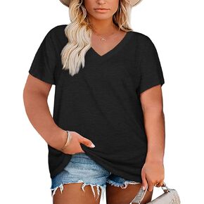 Womens Plus Size V Neck T Shirts Summer Short Sleeve Sexy Tops Casual Loose Fit Soft Basic Tees in Kuwait