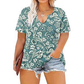 VISLILY Womens-Plus-Size-Tops Notch V Neck Summer T Shirts Short Sleeve Blouses Sexy Tunics XL-5XL