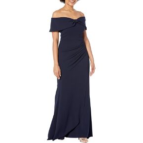 Xscape Long Scuba Off-The-Shoulder Gown Navy 8 in Saudi Arabia