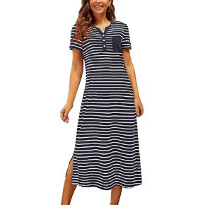 ملابس نوم نسائية ناعمة وفضفاضة من OUGES، فساتين نوم مخططة طويلة الأكمام، فستان هينلي بأزرار سفلية، ملابس نوم ليلية (أزرق، M) in Kuwait