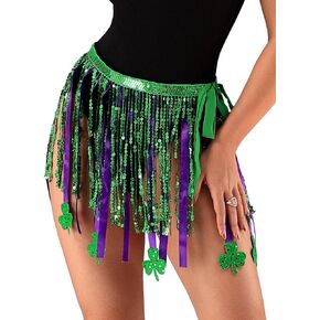 REETAN Sequins Fringe Skirt Ribbon Tassel Dance Skirt Adjustable Rave Festival Outfits Skirt Costume for Women and Girls