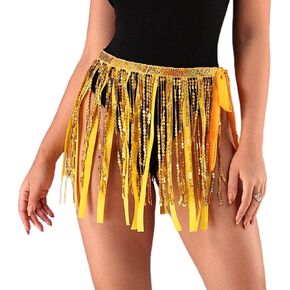 REETAN Sequins Fringe Skirt Ribbon Tassel Dance Skirt Adjustable Rave Festival Outfits Skirt Costume for Women and Girls
