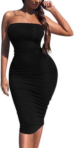 Kaximil Women's Sexy Bodycon Strapless Midi Club Tube Dress Basic Casual Dresses in Kuwait