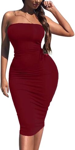 Kaximil Women's Sexy Bodycon Strapless Midi Club Tube Dress Basic Casual Dresses in Kuwait