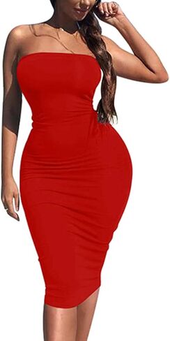 Kaximil Women's Sexy Bodycon Strapless Midi Club Tube Dress Basic Casual Dresses in Kuwait