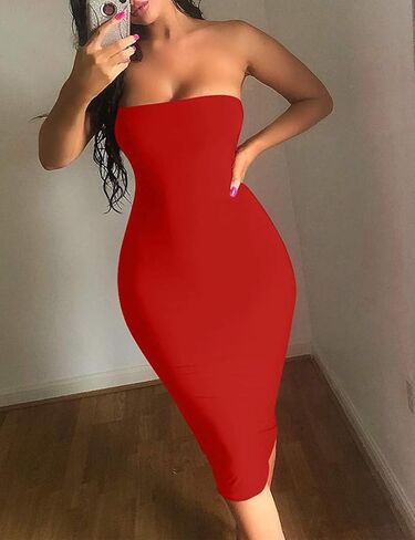 Kaximil Women's Sexy Bodycon Strapless Midi Club Tube Dress Basic Casual Dresses in Kuwait