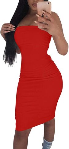 Kaximil Women's Sexy Bodycon Strapless Midi Club Tube Dress Basic Casual Dresses in Kuwait