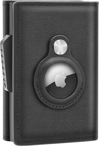 محفظة ايرتاج من الجلد الطبيعي بتقنية تحديد الهوية بموجات الراديو وحامل بطاقات الائتمان مع مشبك نقود رفيع لجهاز ابل ايرتاج, أسود-01, محفظة ايرتاج in Kuwait
