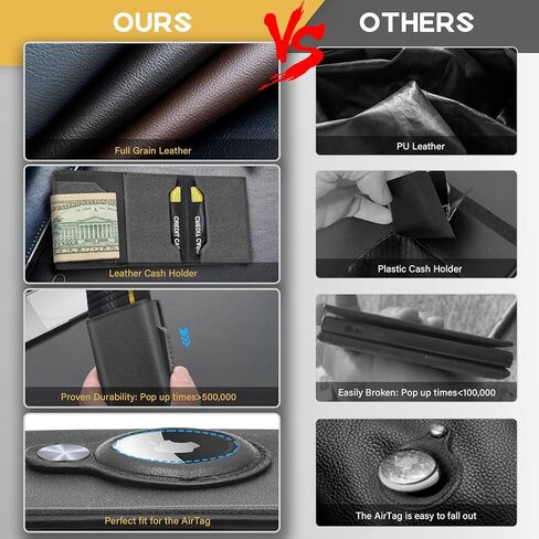 محفظة ايرتاج من الجلد الطبيعي بتقنية تحديد الهوية بموجات الراديو وحامل بطاقات الائتمان مع مشبك نقود رفيع لجهاز ابل ايرتاج, أسود-01, محفظة ايرتاج in Kuwait