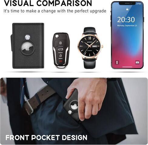 محفظة ايرتاج من الجلد الطبيعي بتقنية تحديد الهوية بموجات الراديو وحامل بطاقات الائتمان مع مشبك نقود رفيع لجهاز ابل ايرتاج, أسود-01, محفظة ايرتاج in Kuwait