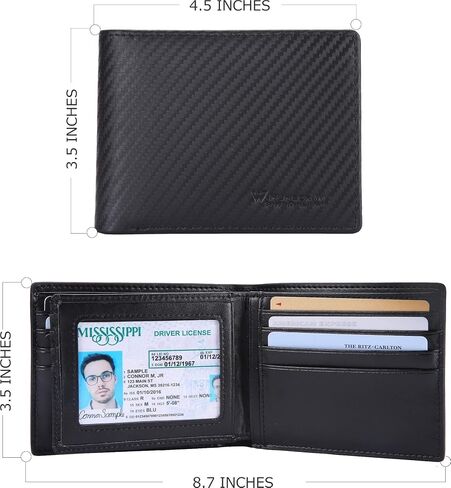 محافظ NUMBER.WU للرجال من ألياف الكربون والجلد الطبيعي للرجال بمحفظة ثنائية الطي معرف RFID بلوك محفظة ثلاثية الطي للرجال (أحمر - ألياف الكربون) in Saudi Arabia