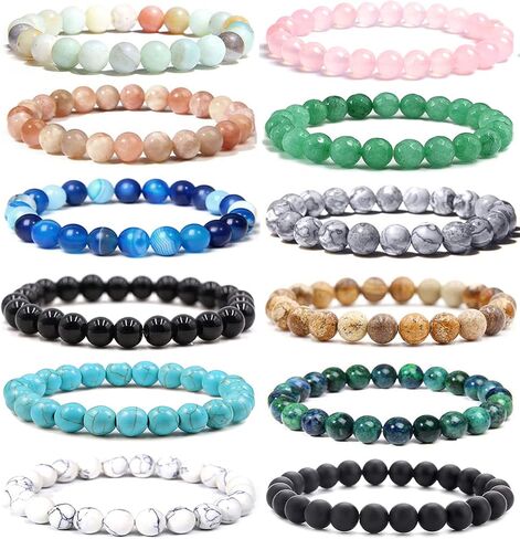 Jewdreamer 12 قطعة 8 مم سوار من الأحجار الكريمة شبه الكريمة شفاء كريستال حجر مطرز أساور للنساء والرجال للجنسين مجموعة أساور قابلة للتعديل من الخرز in Kuwait