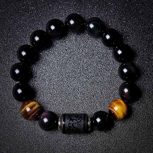 Leatic الأسود سبج أساور حجر حبة سوار خرز عين النمر سوار الرجال 12 مللي متر أو النساء 10 مللي متر التنين والعنقاء الطوطم سوار in Kuwait