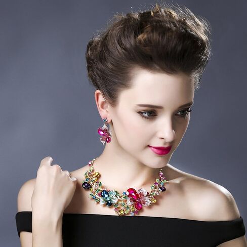 هامر طقم قلادة واقراط للنساء متعدد الالوان بتصميم زهور كريستالية كبيرة للنساء, غير متوفر, ان ايه in Kuwait