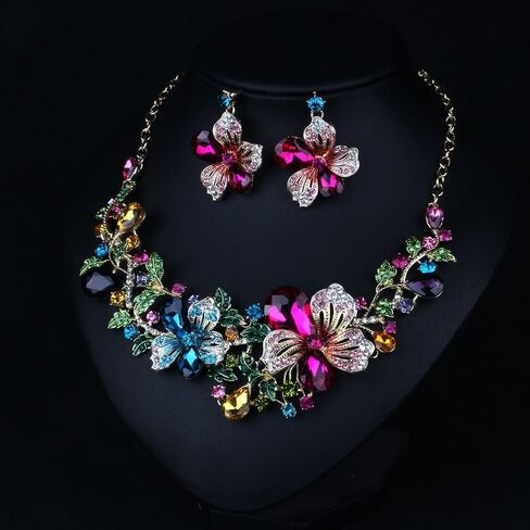 هامر طقم قلادة واقراط للنساء متعدد الالوان بتصميم زهور كريستالية كبيرة للنساء, غير متوفر, ان ايه in Kuwait