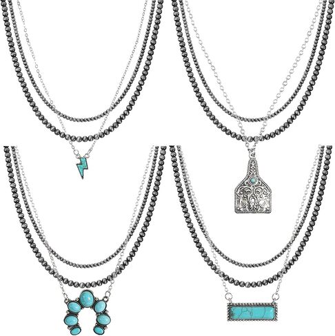 FINZOR 4Pcs Navajo Pearl Layered Necklace Western Faux Navajo Pearl Beaded Necklace Jewelry for Women Cowgirl in Kuwait