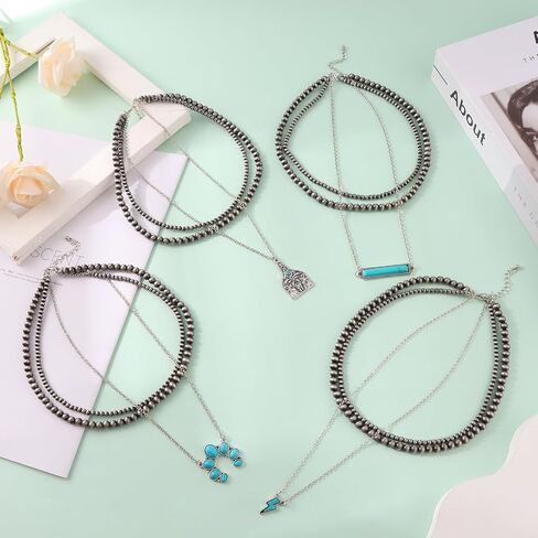 FINZOR 4Pcs Navajo Pearl Layered Necklace Western Faux Navajo Pearl Beaded Necklace Jewelry for Women Cowgirl in Kuwait