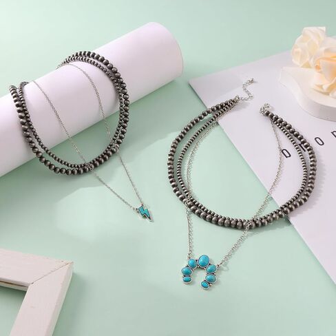 FINZOR 4Pcs Navajo Pearl Layered Necklace Western Faux Navajo Pearl Beaded Necklace Jewelry for Women Cowgirl in Kuwait