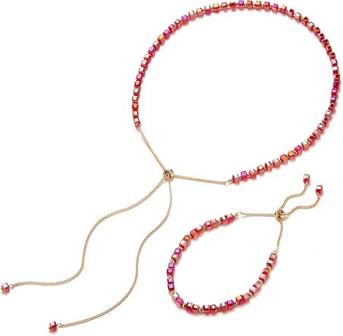 FULU AUTUMN قلادة ذهبية مطرزة للنساء قلادة طويلة قابلة للتعديل وسوار مجموعة كريستال الخرزة مجموعة مجوهرات هدايا عيد الميلاد والكريسماس للنساء in Kuwait