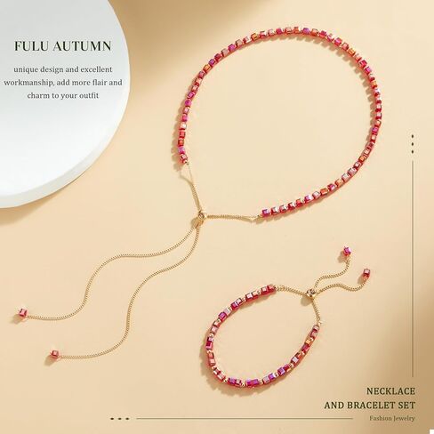 FULU AUTUMN قلادة ذهبية مطرزة للنساء قلادة طويلة قابلة للتعديل وسوار مجموعة كريستال الخرزة مجموعة مجوهرات هدايا عيد الميلاد والكريسماس للنساء in Kuwait