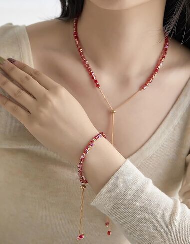 FULU AUTUMN قلادة ذهبية مطرزة للنساء قلادة طويلة قابلة للتعديل وسوار مجموعة كريستال الخرزة مجموعة مجوهرات هدايا عيد الميلاد والكريسماس للنساء in Kuwait