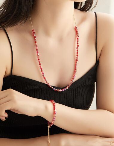 FULU AUTUMN قلادة ذهبية مطرزة للنساء قلادة طويلة قابلة للتعديل وسوار مجموعة كريستال الخرزة مجموعة مجوهرات هدايا عيد الميلاد والكريسماس للنساء in Kuwait