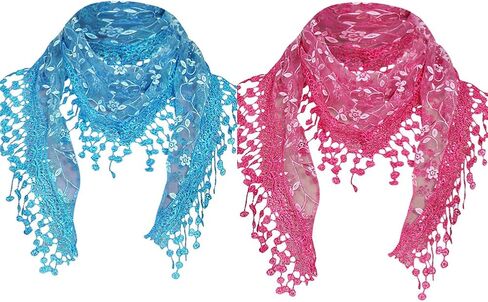 Minejin Women Hollow Lace Tassel Floral Print Triangle Mantilla Scarf 2Pack in Saudi Arabia