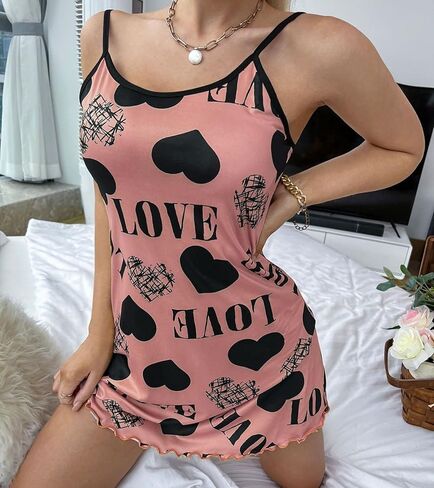 ثوب نوم حريمي من EVELUST مطبوع عليه قلب وحروف - بيجامات كاجوال بدون أكمام ملابس نوم بحاشية مكشكشة قميص نوم ناعم in Kuwait