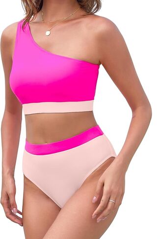 ملابس سباحة نسائية XUNYU بكتف واحد مكونة من قطعتين بكيني عالي الخصر وبلوك ملون بدلة استحمام تانكيني للمراهقين in Kuwait