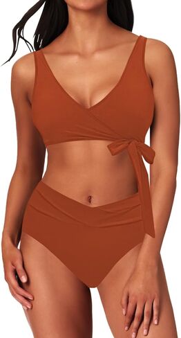 طقم بيكيني نسائي عالي الخصر من Sovoyontee مكون من قطعتين بلون موحد وربطة عنق عالية القطع لباس استحمام صفيق in Kuwait