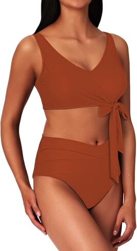 طقم بيكيني نسائي عالي الخصر من Sovoyontee مكون من قطعتين بلون موحد وربطة عنق عالية القطع لباس استحمام صفيق in Kuwait