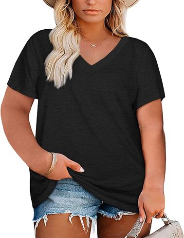 Womens Plus Size V Neck T Shirts Summer Short Sleeve Sexy Tops Casual Loose Fit Soft Basic Tees in Kuwait