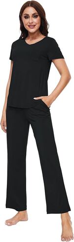 WiWi Women's Bamboo Viscose Pajamas Set Comfy Short Sleeve Pajama Sets with Pants Lightweight Loungewear Pjs S-XXL in Kuwait