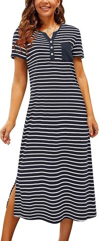 ملابس نوم نسائية ناعمة وفضفاضة من OUGES، فساتين نوم مخططة طويلة الأكمام، فستان هينلي بأزرار سفلية، ملابس نوم ليلية (أزرق، M) in Kuwait