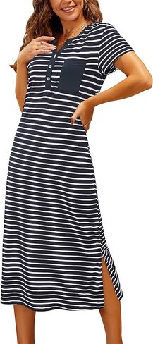 ملابس نوم نسائية ناعمة وفضفاضة من OUGES، فساتين نوم مخططة طويلة الأكمام، فستان هينلي بأزرار سفلية، ملابس نوم ليلية (أزرق، M) in Kuwait