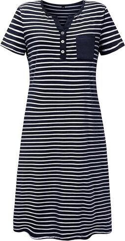 ملابس نوم نسائية ناعمة وفضفاضة من OUGES، فساتين نوم مخططة طويلة الأكمام، فستان هينلي بأزرار سفلية، ملابس نوم ليلية (أزرق، M) in Kuwait